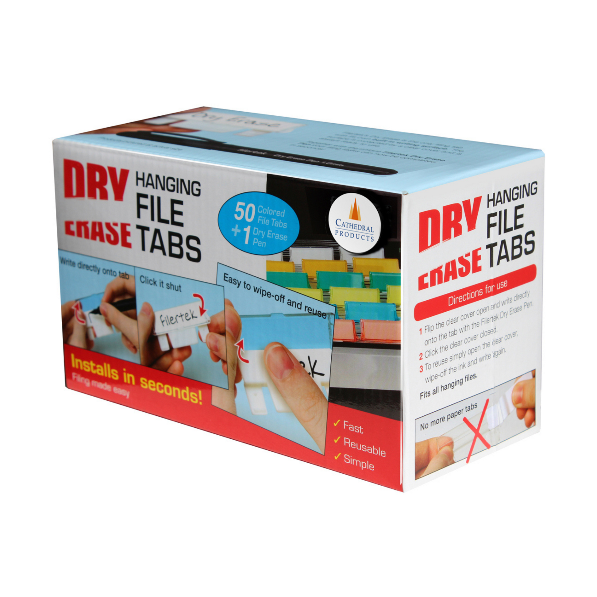 Packaging for dry erase hanging file tabs by Cathedral Products, featuring 50 coloured file tabs and one dry erase pen. The packaging emphasizes easy installation, reusability, and the inclusion flip top covers, with instructions showing how to write directly onto tabs and erase for reuse.