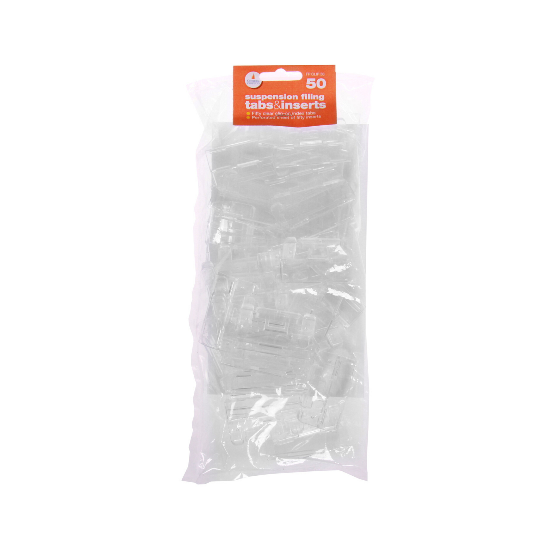 Packaging of Cathedral Products suspension filing tabs and inserts, containing fifty clear clip-on index tabs and a perforated sheet of fifty inserts. The packaging is orange and white with product information and branding displayed.