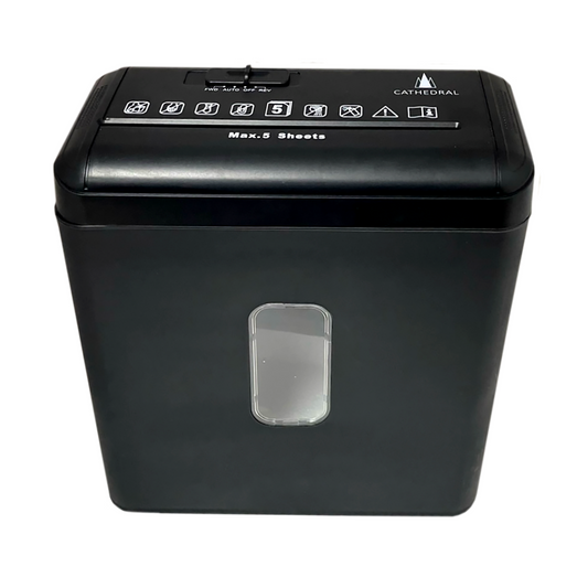 Compact black Cathedral Products Cross cut paper shredder with a clear viewing window on the front and a 5-sheet capacity, featuring symbols for operational guidance on the top.