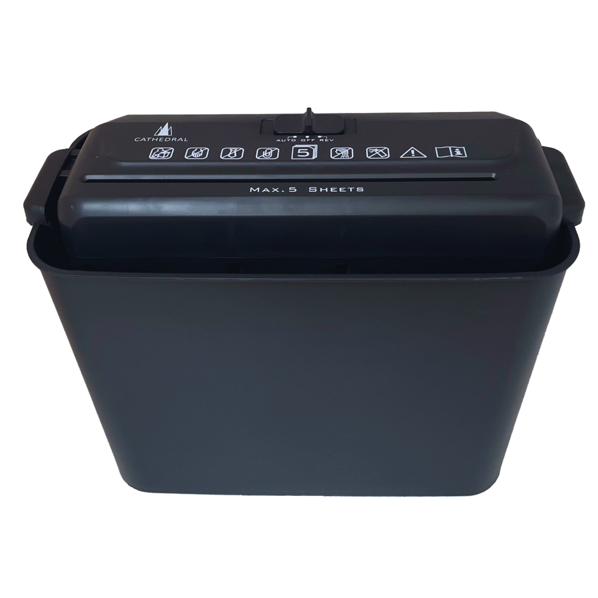 Black Cathedral Products strip-cut shredder with a 5-sheet capacity, featuring a simple control panel with icons for power, auto, and reverse functions.