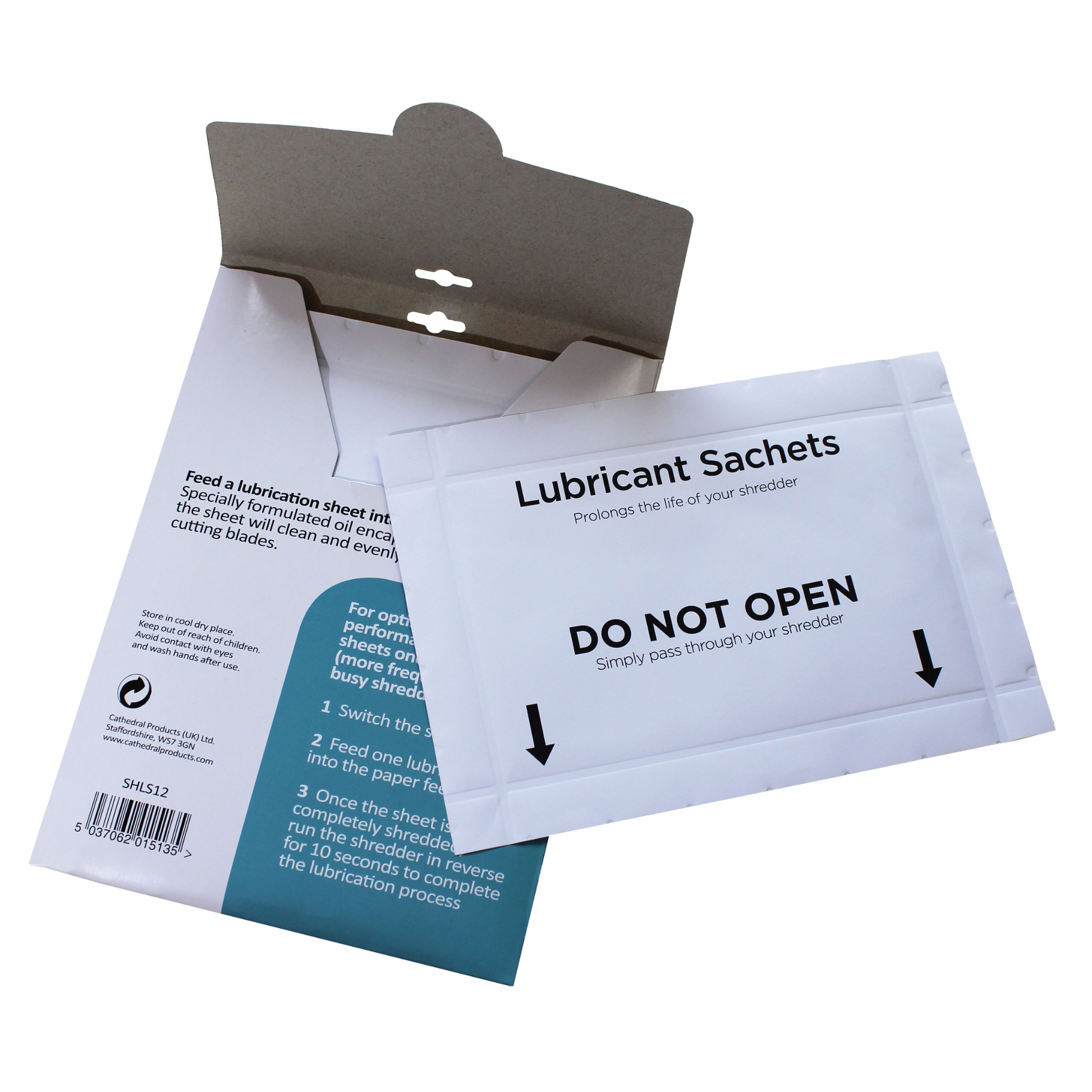 An open pack of 12 shredder lubrication sachets by Cathedral Products, with a sachet labelled 'Lubrication Sachets' on top of the open packet. Sachet is also printed with details on how to use to indicate the ease of use for maintaining and prolonging the life of shredder blades.