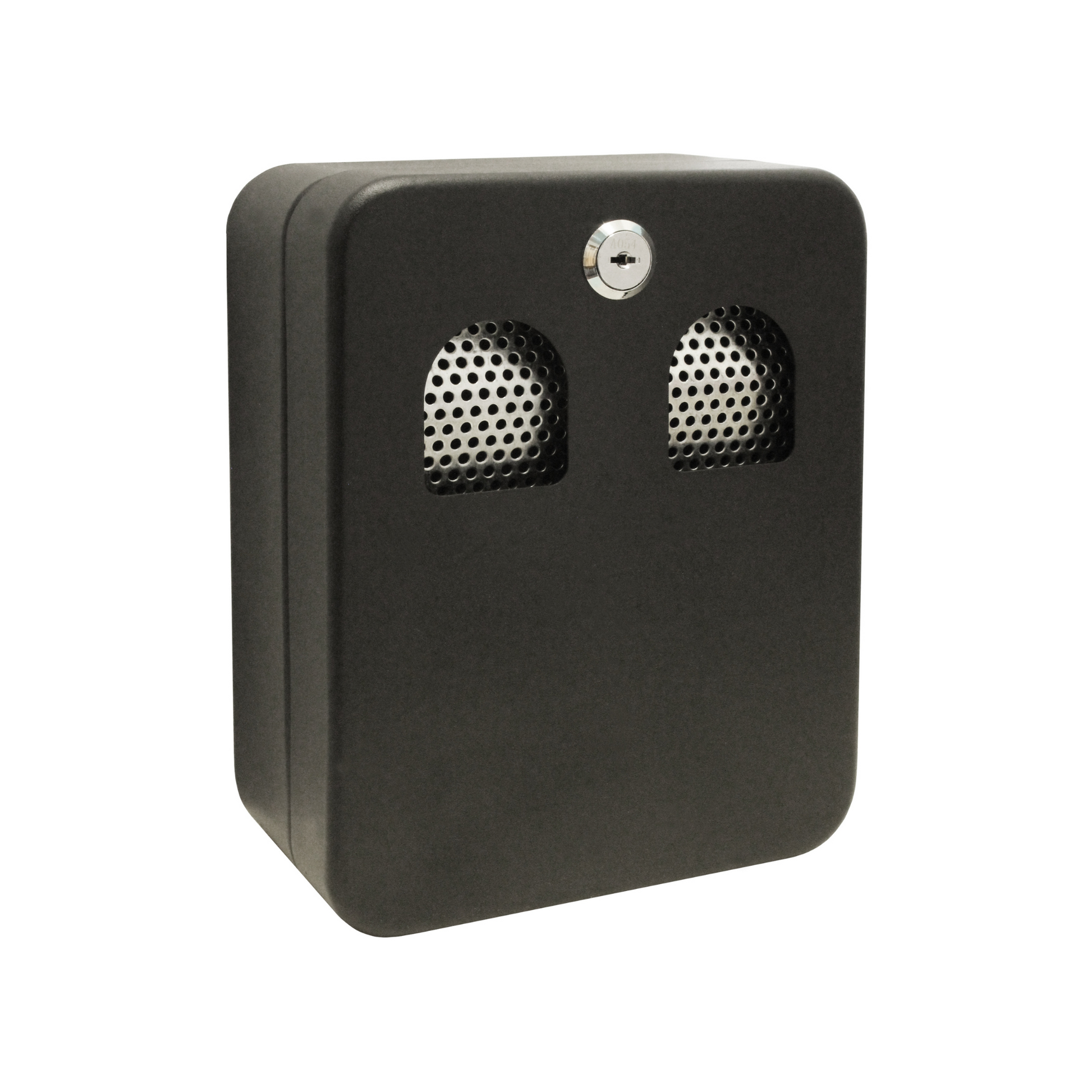 A matte black wall-mounted ash bin with a 1.0L capacity, featuring two perforated metal inserts for extinguishing cigarettes and a lock at the top for secure closure.