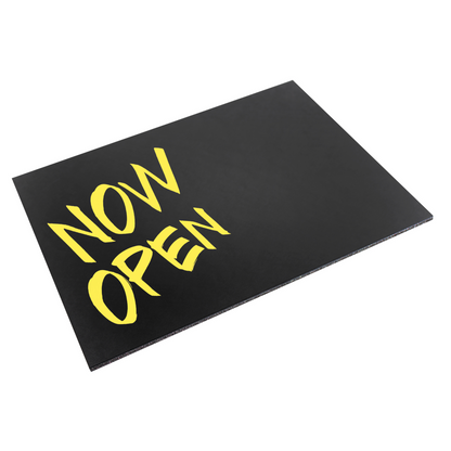 Single piece of black 5mm foam board, with 'NOW OPEN' written in bold chalk pen handwriting, demonstrating the boards many applications and ease of use.