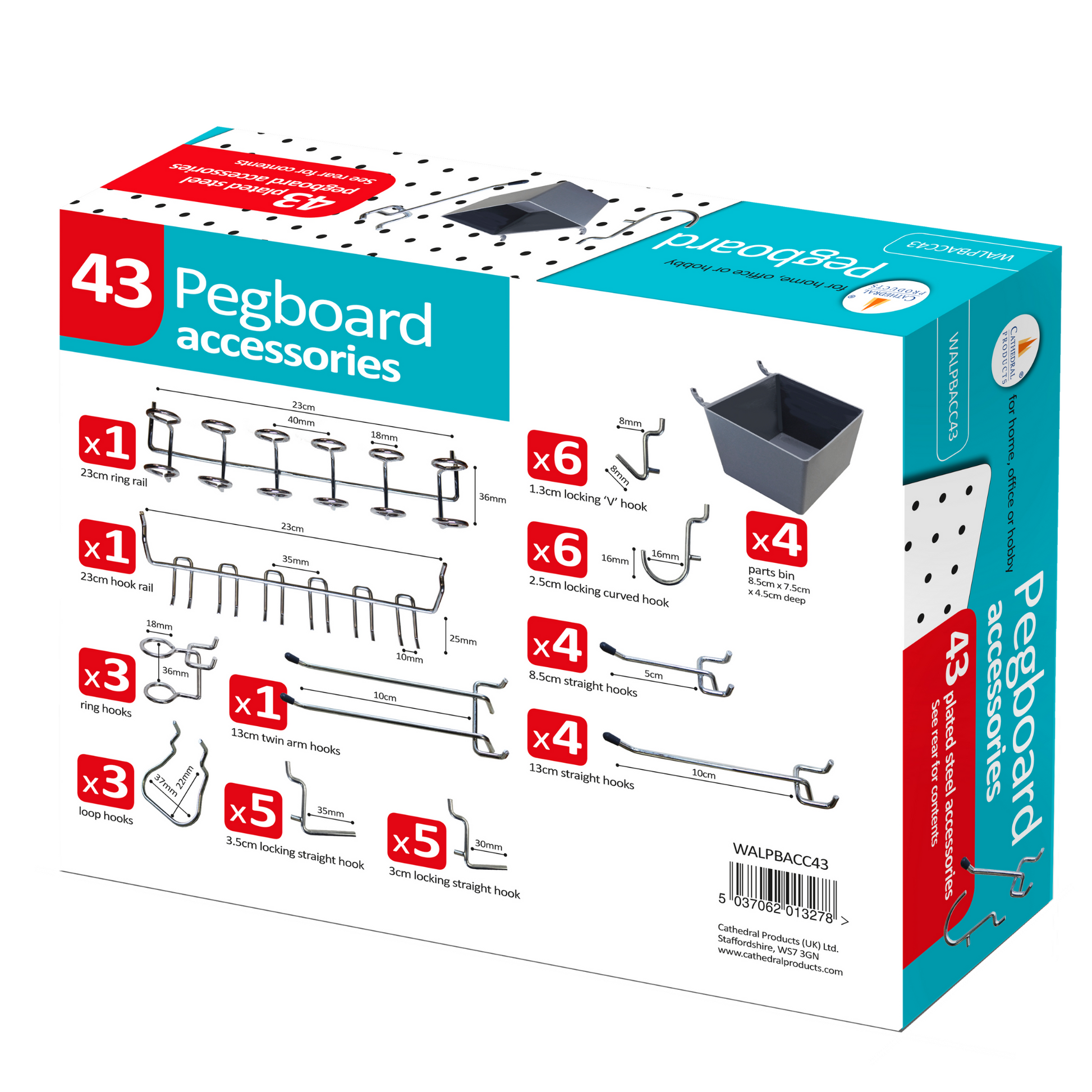 Cathedral Products Pegboard Accessories kit featuring 43 items including a variety of hooks and a parts bin, with detailed illustrations and quantities for each item