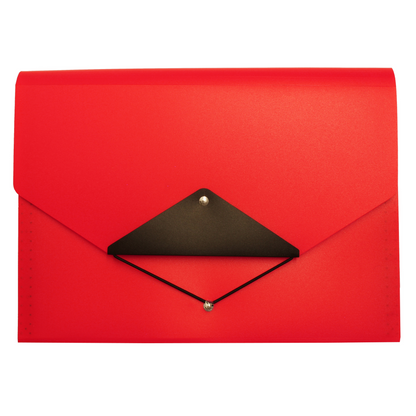 A bright red envelope-style folder with a black triangular flap and an elastic closure. The folder's material has a subtle texture, and it is designed for document storage with a stylish and professional appearance.