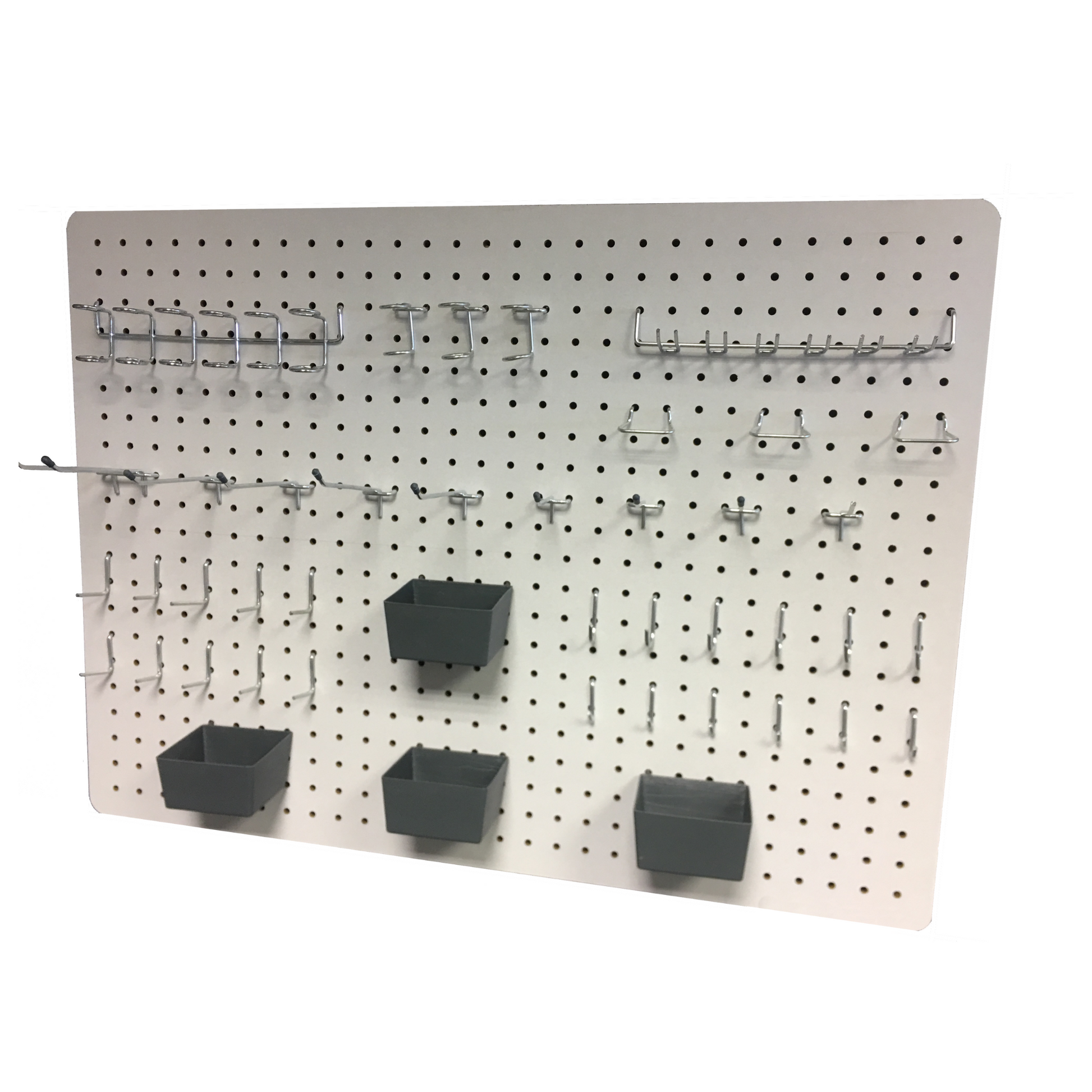 White pegboard equipped with various metal hooks and three grey plastic bins, showcasing an organized pegboard ready to be used for storage.