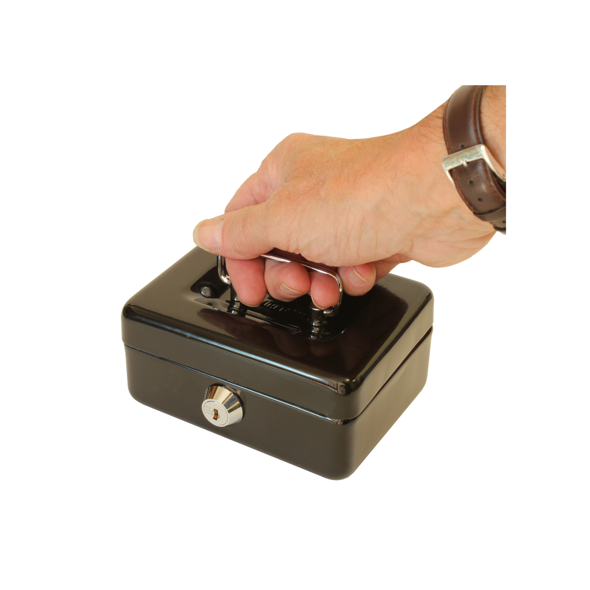 A hand lifting a 4-Inch key lockable black cash box by the handle, showing the size comparison between a hand and the size of the box.