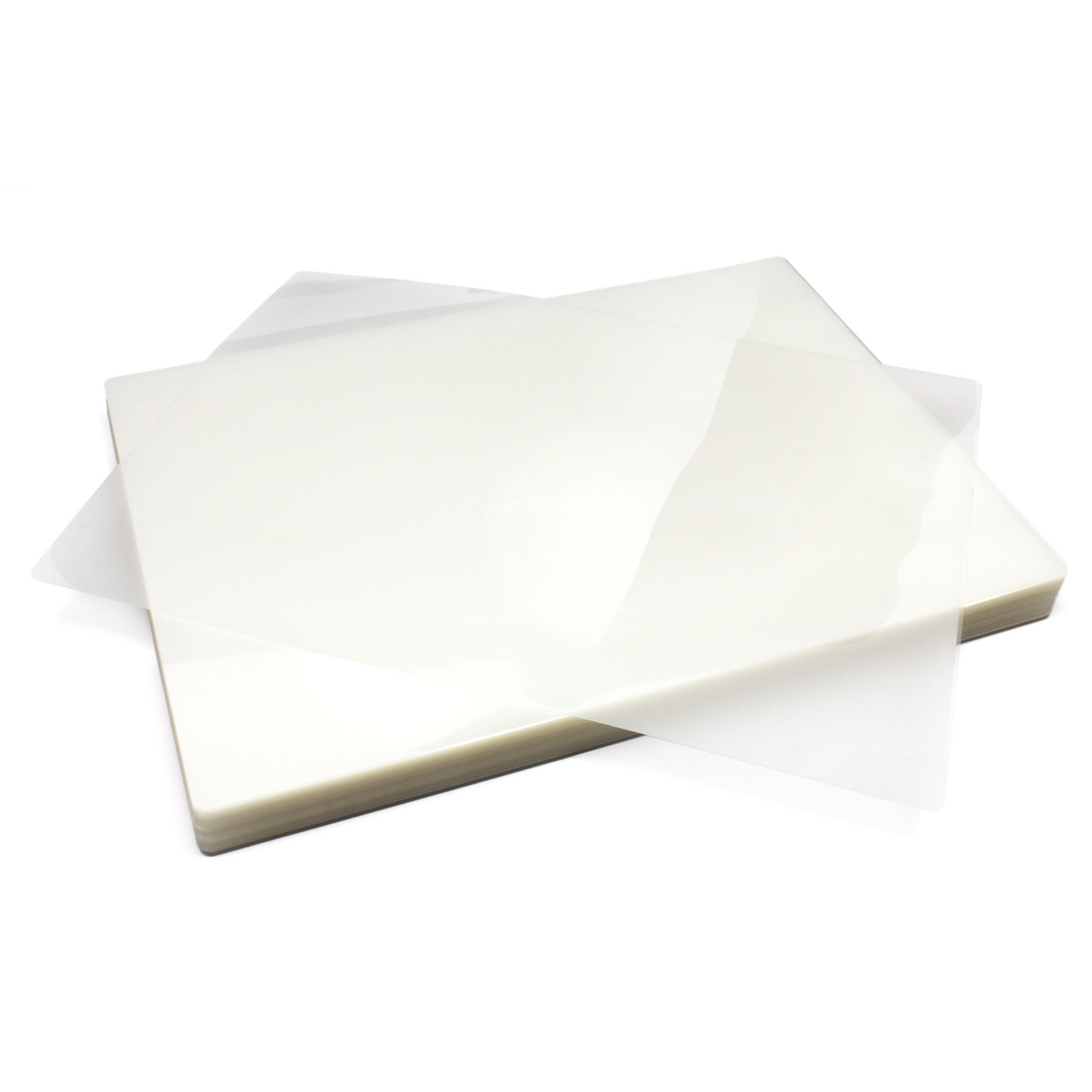 Several A5 gloss laminating pouches with a 150 micron thickness, fanned out on a white surface, highlighting the sheen and transparency of the material.