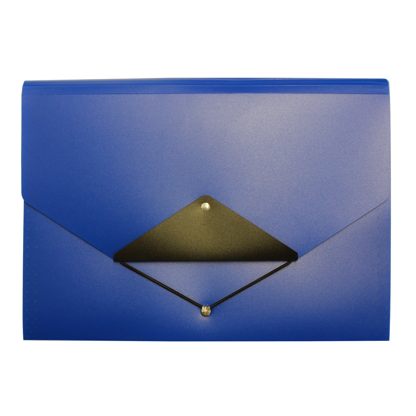 A bright blue envelope-style folder with a black triangular flap and an elastic closure. The folder's material has a subtle texture, and it is designed for document storage with a stylish and professional appearance.