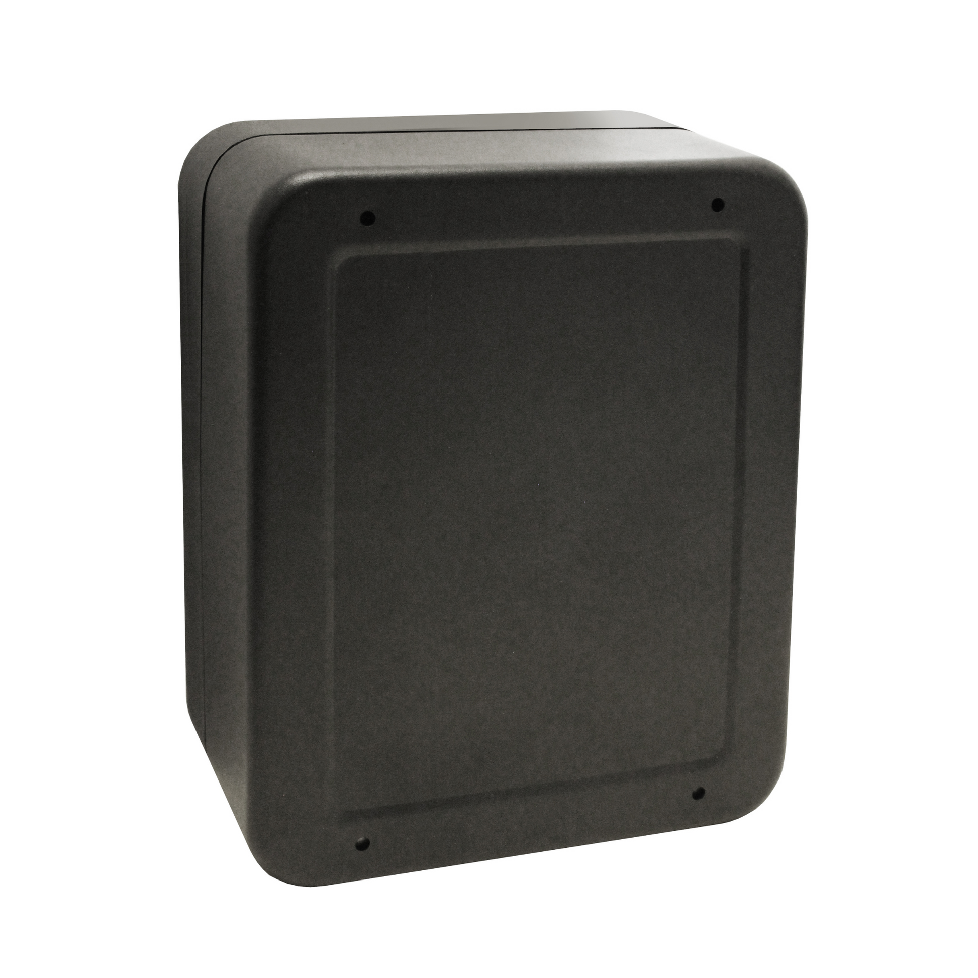 Rear of a wall-mounted cigarette ash bin in matte black with a smooth finish and rounded corners, showing mounting holes.