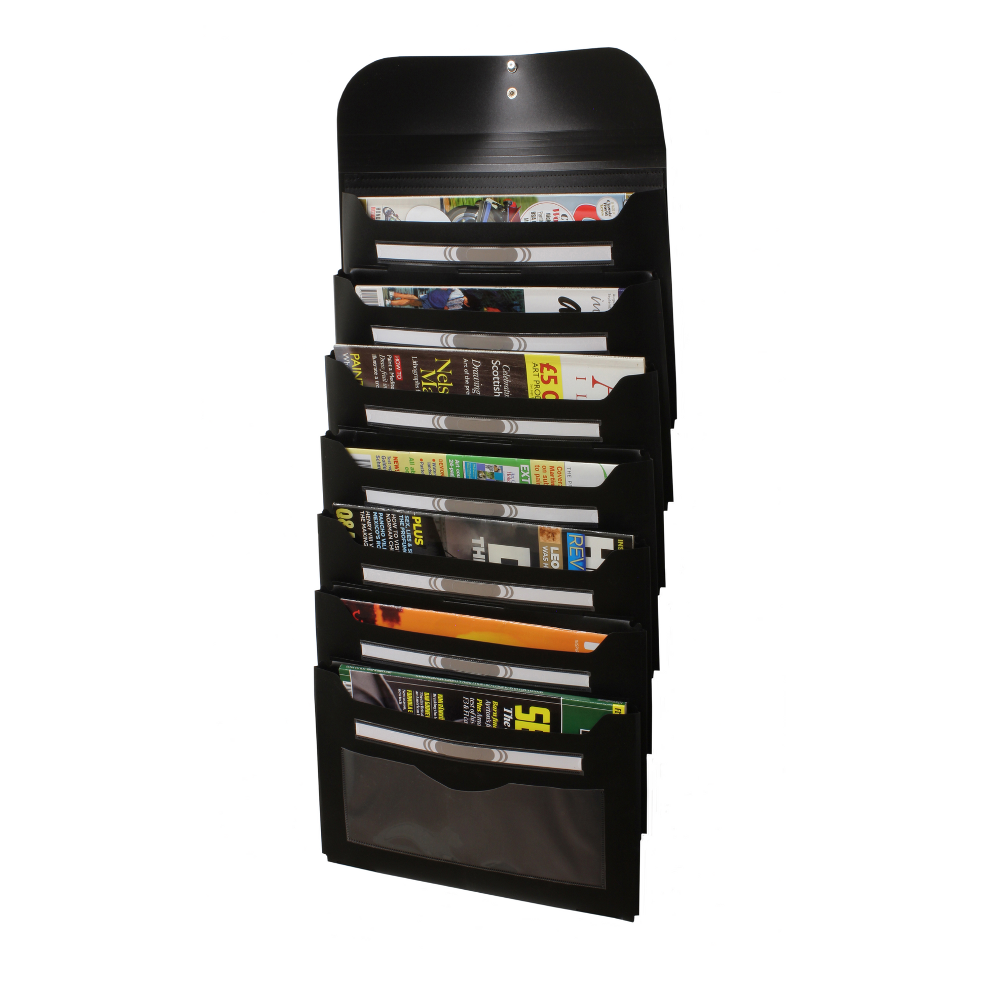 Vertical black wall-mounted Wallfile organizer filled with assorted magazines and papers in each slot, demonstrating its storage capacity and functionality.