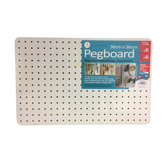 A white pegboard measuring 56x36cm with an attached packaging label that reads 'Pegboard - Organise everything, anywhere!' along with '43pc accessory pack available' and 'Fittings included x12.' The label shows images of the pegboard in use, holding various tools and utensils.