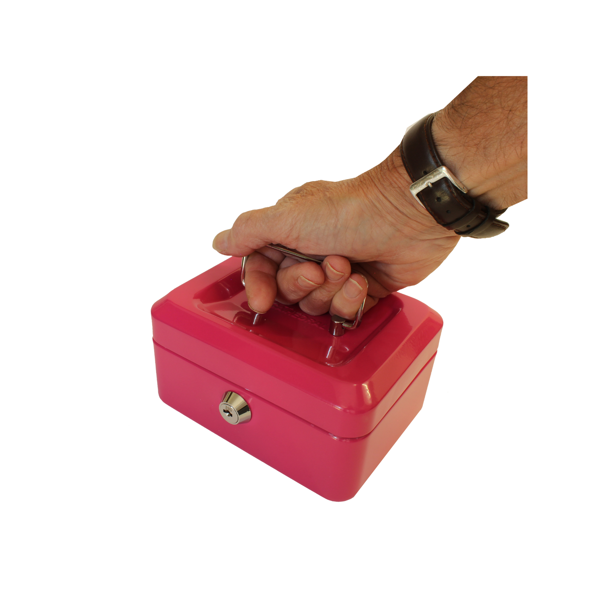 A hand lifting a 6-Inch key lockable pink cash box by the handle, showing the size comparison between a hand and the size of the box.