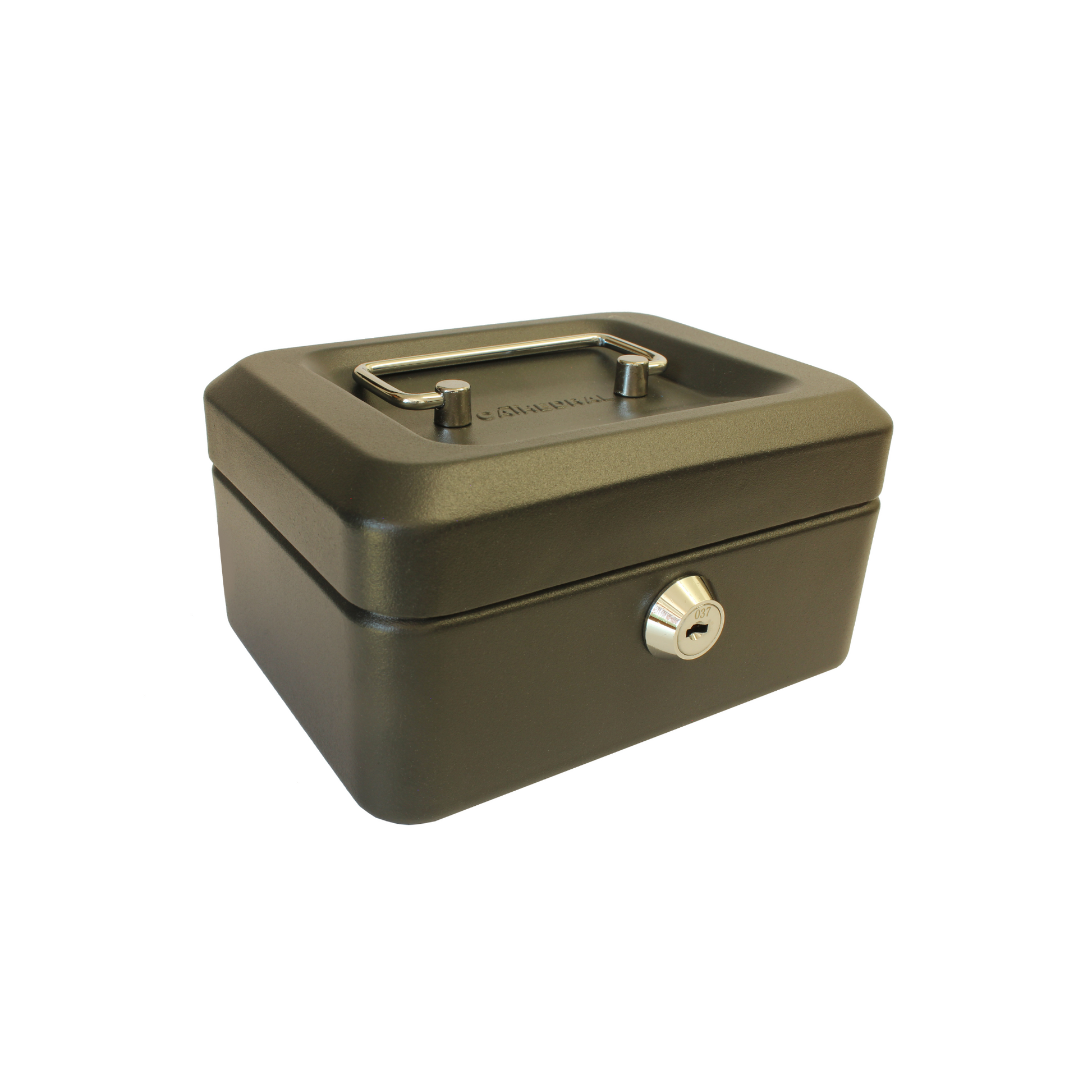 A closed matte black 6-inch key lockable cash box. The box features a sturdy metal handle and a secure lock at the front for safekeeping of cash and coins.
