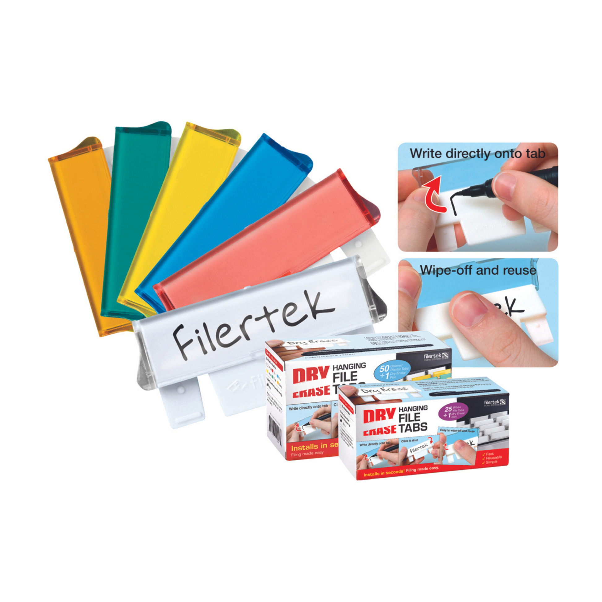 A set of dry erase filing tabs, displayed in an array of colors such as green, yellow, blue, and red, with one tab labeled 'Filertek' in marker. Instructions on how to write and wipe off for reuse are shown alongside images of the tabs being used, highlighting their functionality and reusability.