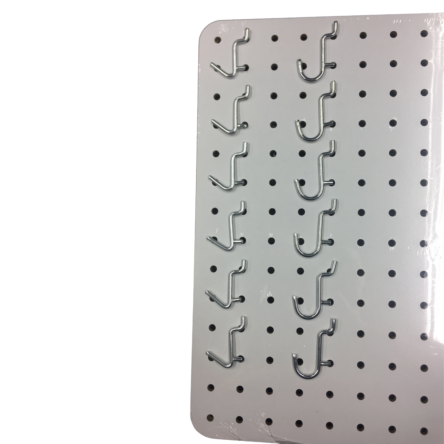 A white pegboard, 56x36cm in size, with twelve shiny metal hooks arranged on top of it. The hooks are designed for organizing tools and accessories, showcasing the pegboard's utility for keeping items tidy and accessible.