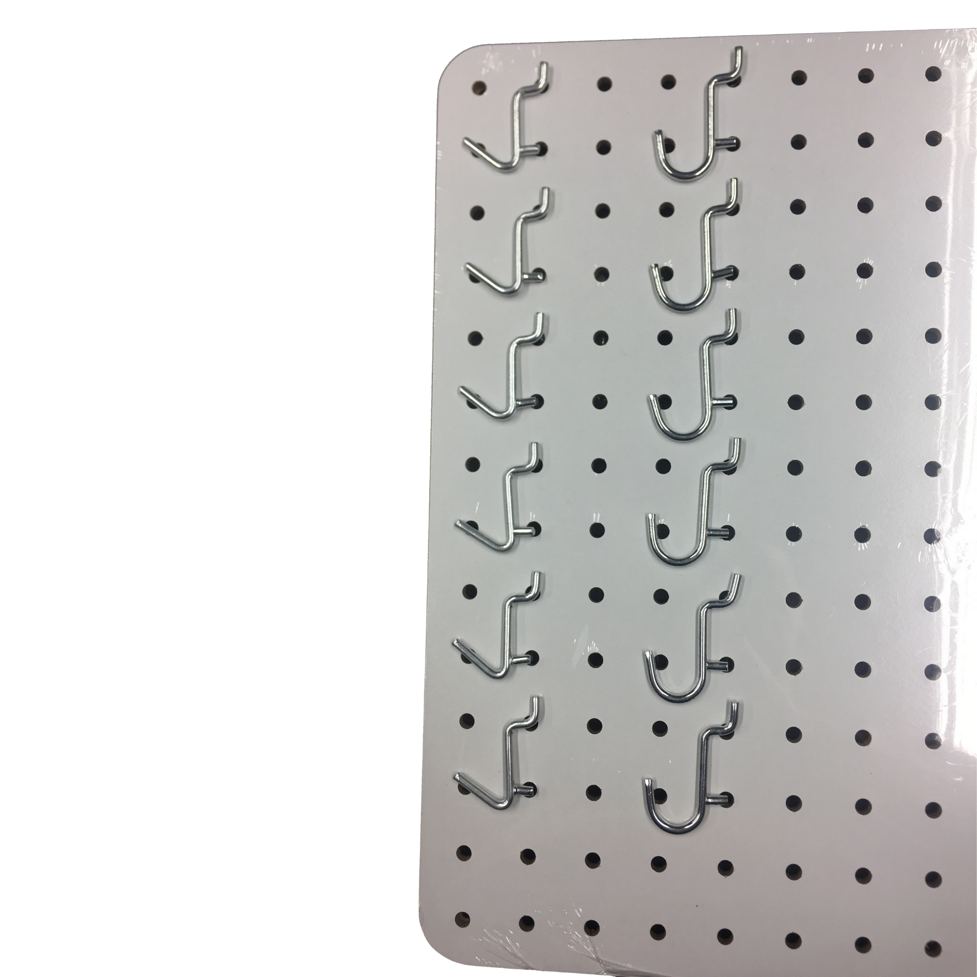 A white pegboard, 56x36cm in size, with twelve shiny metal hooks arranged on top of it. The hooks are designed for organizing tools and accessories, showcasing the pegboard's utility for keeping items tidy and accessible.
