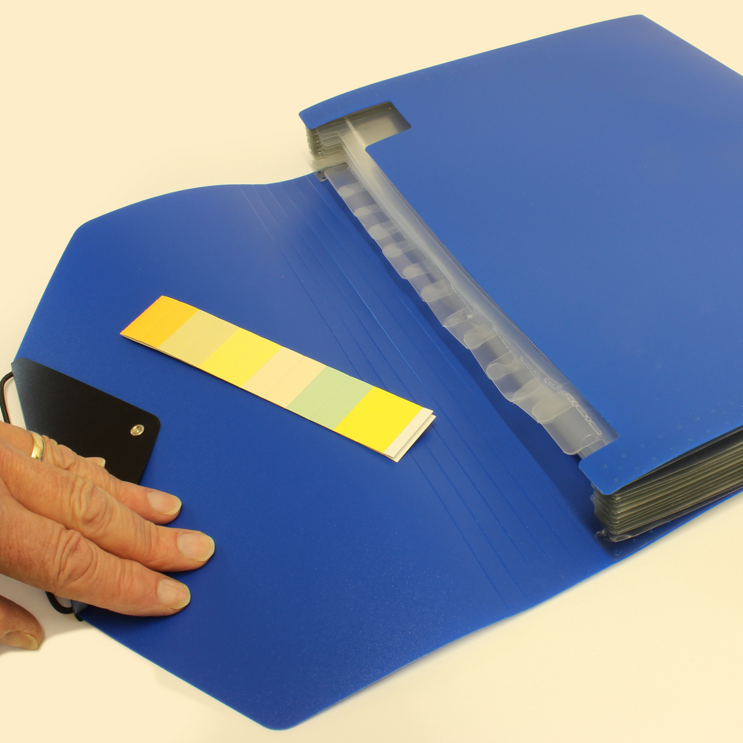A person's hand is opening a bright blue envelope-style folder, revealing clear plastic dividers with tabs for organizing documents. A series of labels in different shades is placed on the folder's surface, ready to be used for labelling the tabs.