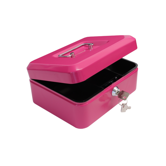 A partially open gloss pink 8-inch key lockable cash box. The box features a sturdy metal handle and a secure lock at the front for safekeeping of cash and coins. A set of 2 keys on a ring is shown inserted into the lock on the front of the cash box.