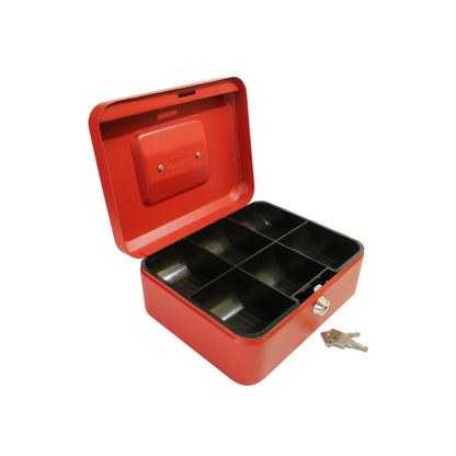 An open 8-inch key lockable matte red cash box with a lift-out black 6-compartment tray, designed for organizing and securing coins and cash. A set of 2 keys on a ring is shown in front of the cash box.
