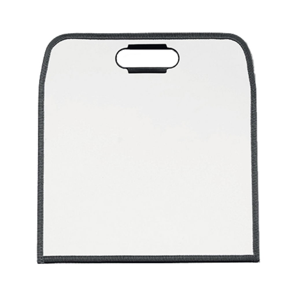 Blank dry-erase surface of the dry erase pad, with a sleek black carry handle on top, featuring a broad white writing surface and black binding around the edge. Ideal for presentations, note-taking, or educational activities on the go.