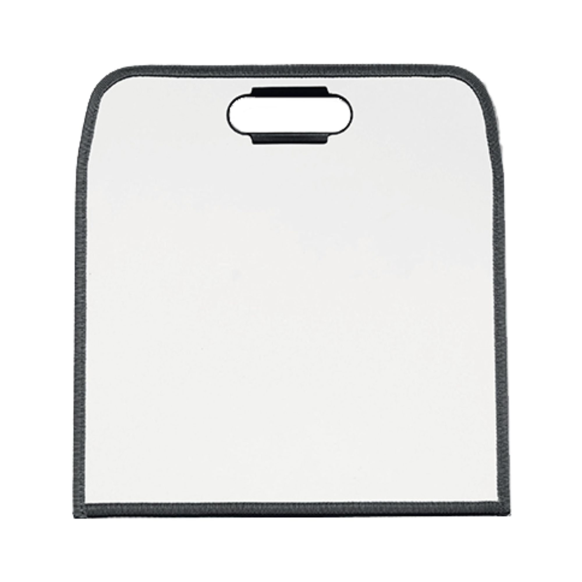 Blank dry-erase surface of the dry erase pad, with a sleek black carry handle on top, featuring a broad white writing surface and black binding around the edge. Ideal for presentations, note-taking, or educational activities on the go.