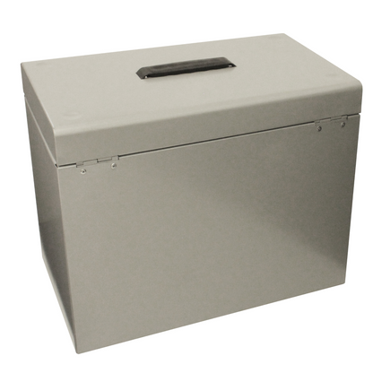 A silver grey A4 steel home file box showing rear, with sturdy riveted hinges and carrying handle on top in view.