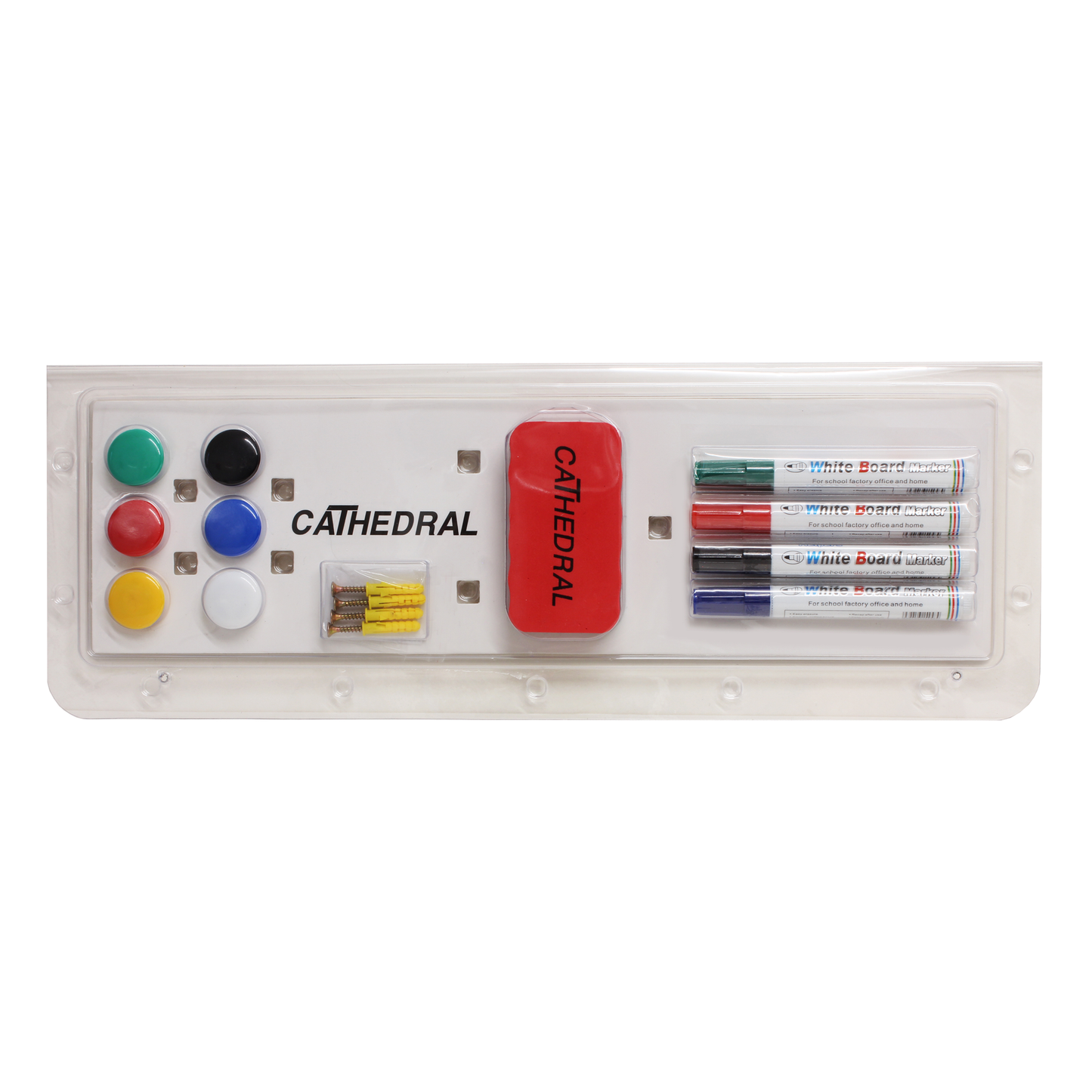 Pack of included whiteboard accessories, comprising of 6 multicoloured round magnets, dry erase markers in green, red, blue and black, as well as a whiteboard eraser, with Cathedral Products branding, and a pack of screws and wall plugs for wall mounting the board. These are displayed in plain transparent packaging.