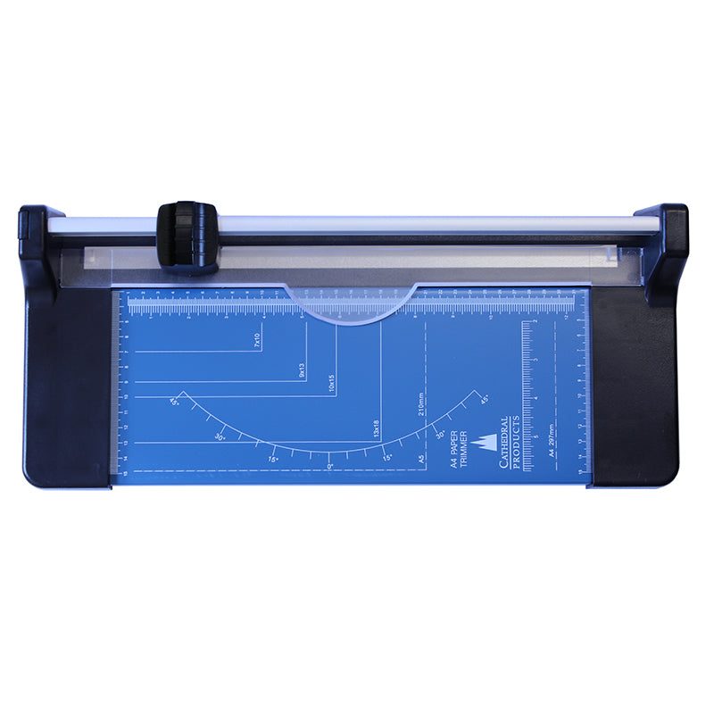 An A4 rotary paper trimmer cutter with a sleek metal base and clear measurement markings, featuring a transparent guard/paper clamp for precise cuts and safety, presented on a white background for office and craft use.