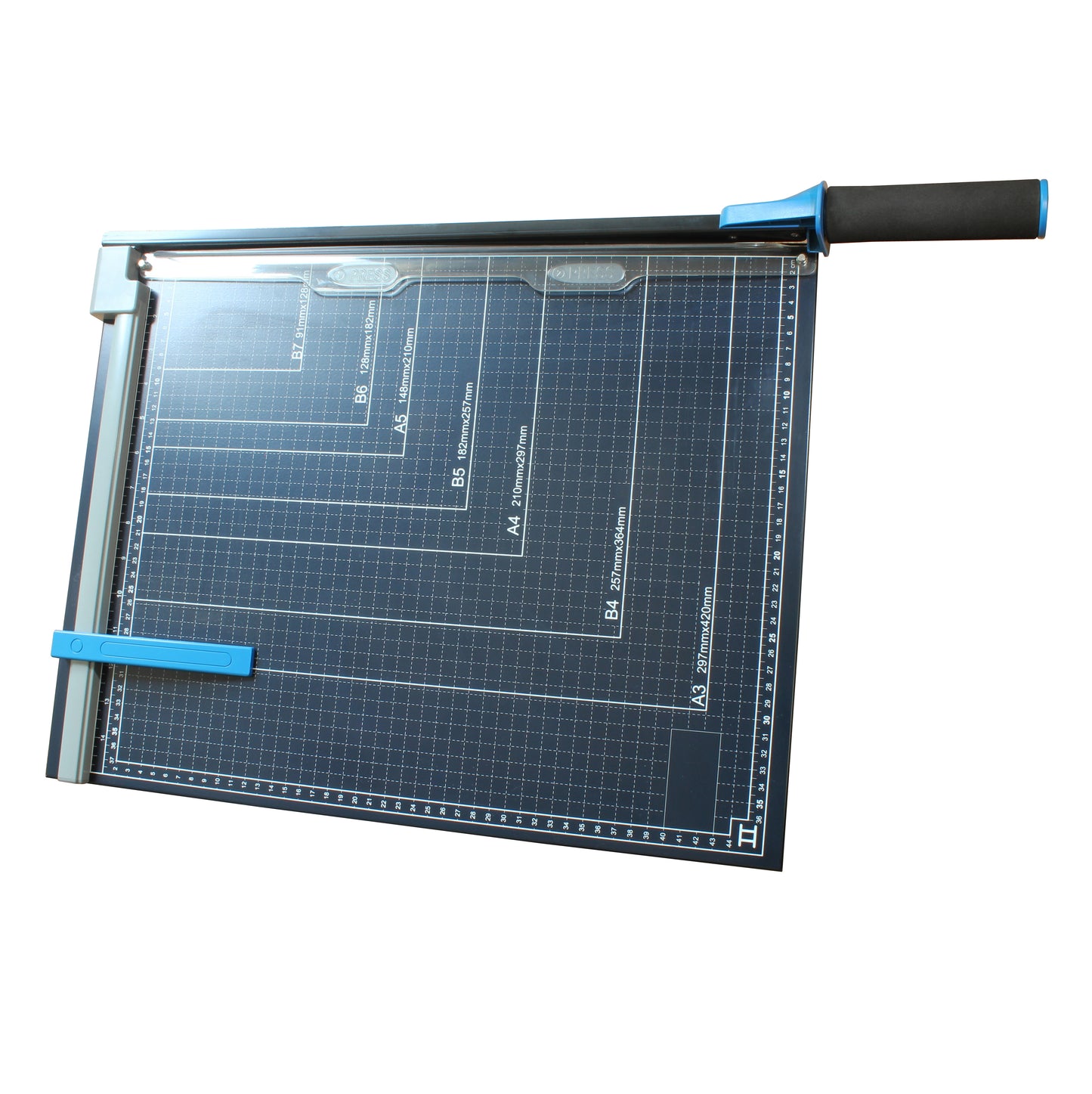 A professional A3 paper guillotine cutter featuring a metal base with printed grid lines and size indicators, equipped with a blue handle for precise paper cutting, isolated on a white background.