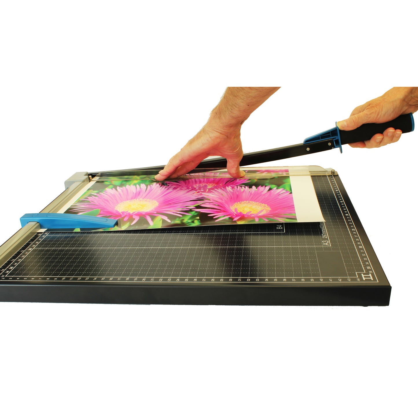 An A3 paper guillotine cutter in action, with a person's hands cutting a sheet of paper featuring vivid pink flowers, showcasing the device's precision and ease of use against its metal base with grid lines for measurement.