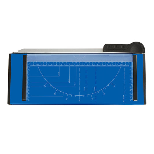 A4 paper guillotine cutter featuring a sturdy metal base and a clear blue measurement grid for precise cuts, equipped with a black handle and clear finger guard for safety and accuracy in paper trimming tasks.