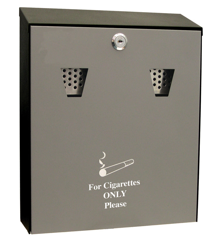 A grey wall-mounted ash bin with a 3.1L capacity, featuring a lock and two metal stub plates at the top. It has a white inscription 'For Cigarettes ONLY Please' with a cigarette icon, indicating its designated use.