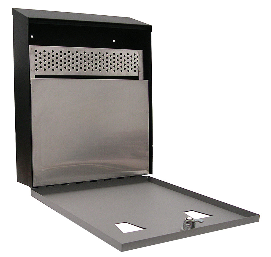 An open grey wall-mounted ash bin with a 3.1L capacity, revealing its large interior compartment and a perforated upper section for cigarette extiguishing. The drop-down front features a secure lock for security.