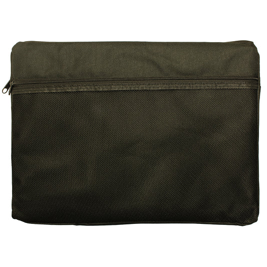 Durable A4 canvas document bag in black, featuring a secure zip closure and an outer mesh pocket, ideal for organizing and carrying documents.
