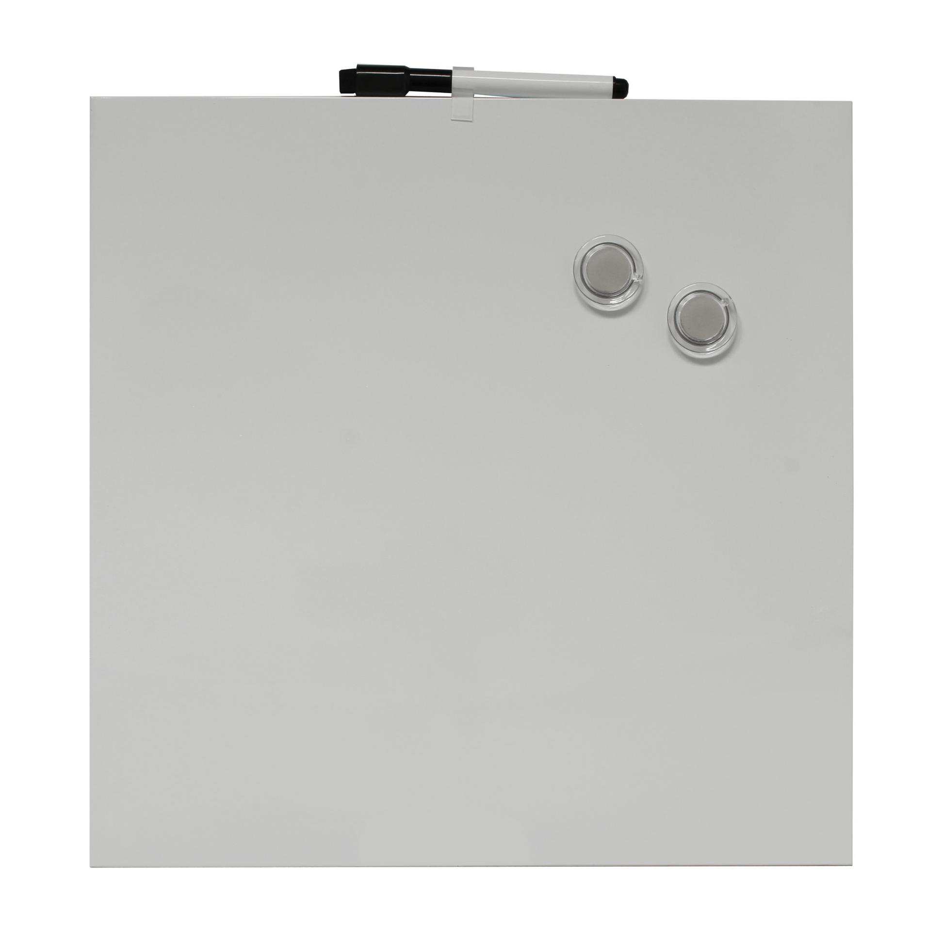 A blank frameless dry-erase board measuring 35 x 35 cm, with 2 transparent, round magnets and a marker with eraser in the lid clipped into mount at the top. The sleek, minimalist design makes it suitable for quick notes or reminders in a home, school, or office setting.