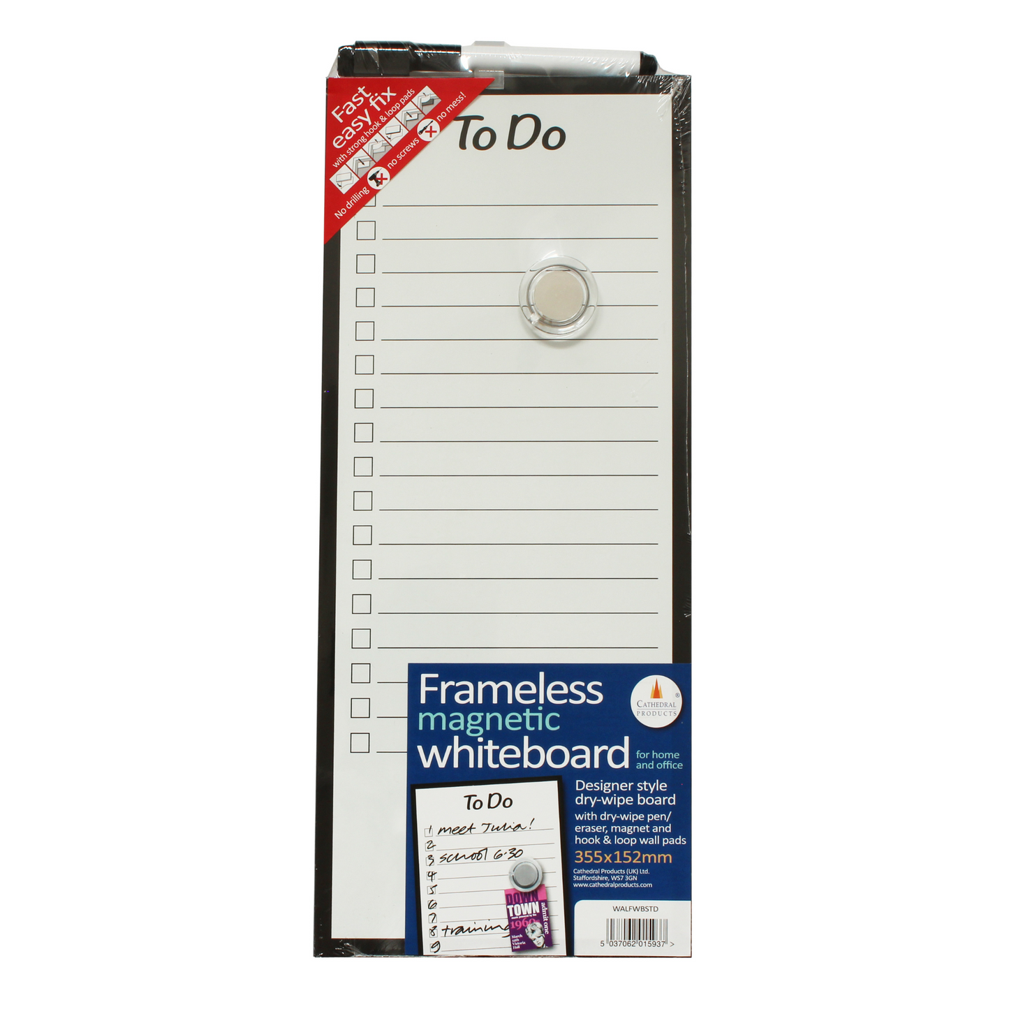 Retail packaging for an Easy Fix Frameless Dry To Do Planner, size 15 x 35 cm. The packaging features the whiteboard with a 'To Do' list design, a round, transparent magnet, and a marker with eraser in the lid. Visible texts include product features like 'designer style dry-wipe board' and 'includes magnet and hook & loop wall pads'.