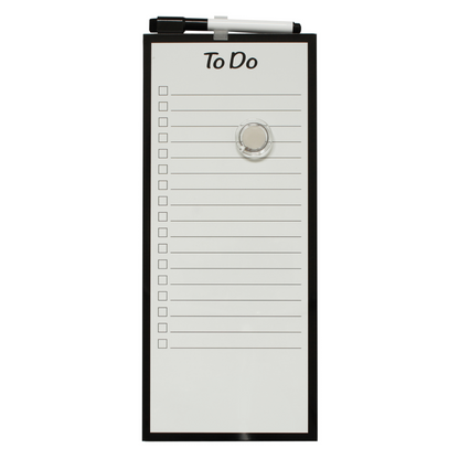 A frameless magnetic 'To Do' dry erase board, measuring 15 x 35 cm, with a black border. The board has a lined checklist with checkboxes and comes with a round, transparent magnet and a dry erase marker with an eraser in the lid is clipped into the pen holder at the top.
