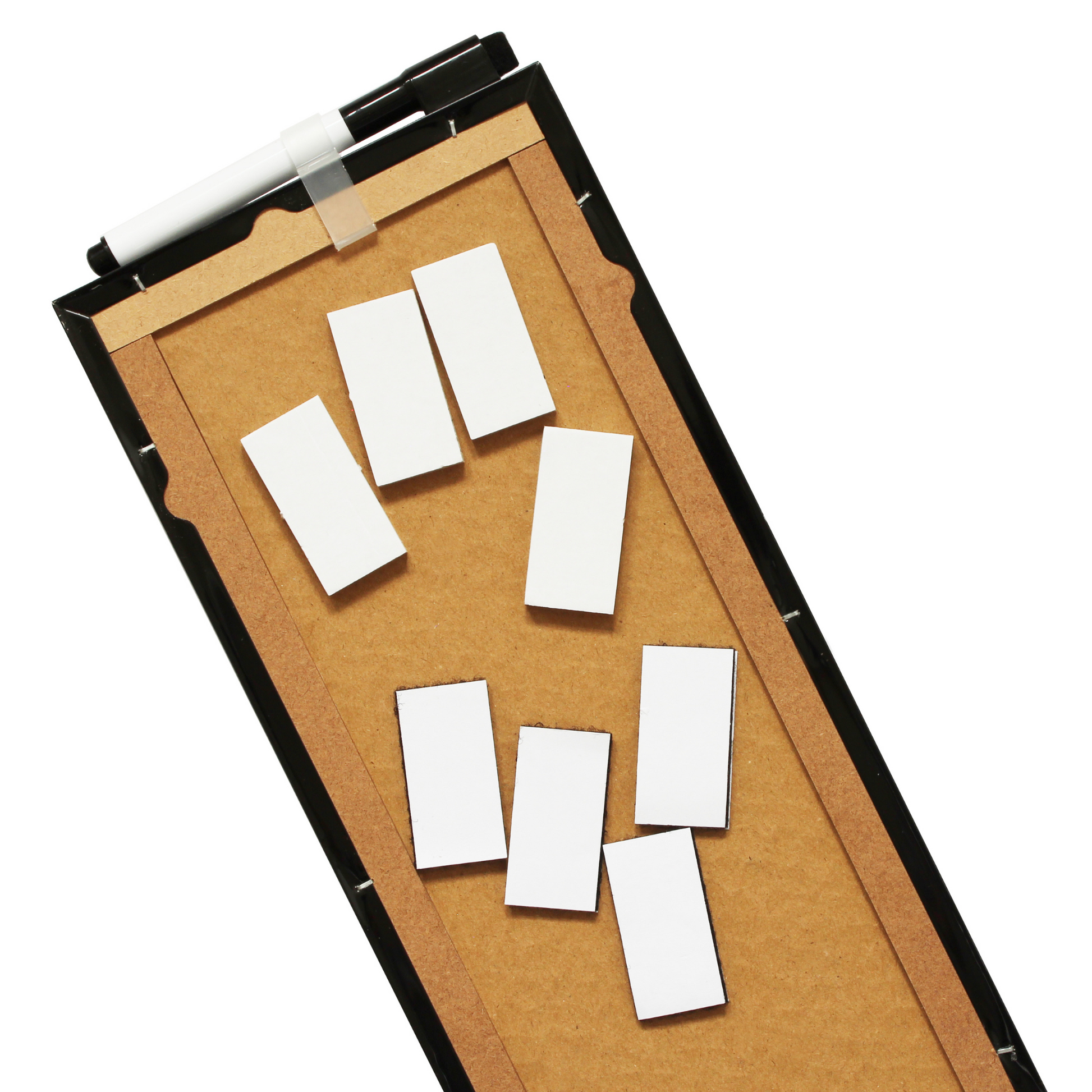Rear of a frameless dry-erase board showing sturdy MDF backing, as well as reinforced edges, including white sticky pads scattered on the surface and a marker with an eraser attached to the top. The image shows the easy mounting ability of the boards.