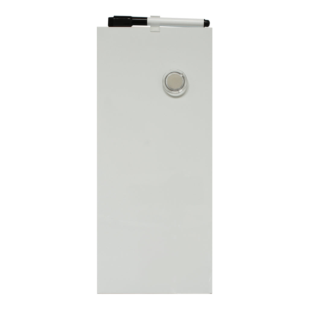 A blank frameless dry-erase board measuring 15 x 35 cm, with transparent, round magnet and a marker with eraser in the lid clipped into mount at the top. The sleek, minimalist design makes it suitable for quick notes or reminders in a home, school, or office setting.