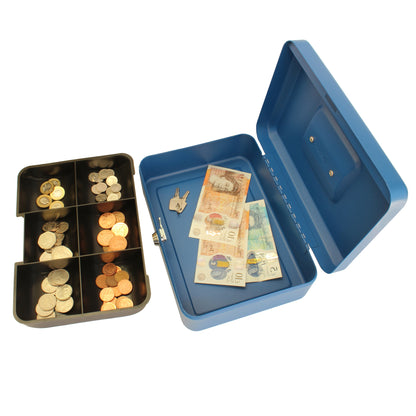 An open, bright blue, 10-inch key lockable cash box with a removable 6-compartment coin tray, displaying an assortment of coins and banknotes. Two keys are placed inside the box, indicating its secure lock mechanism.