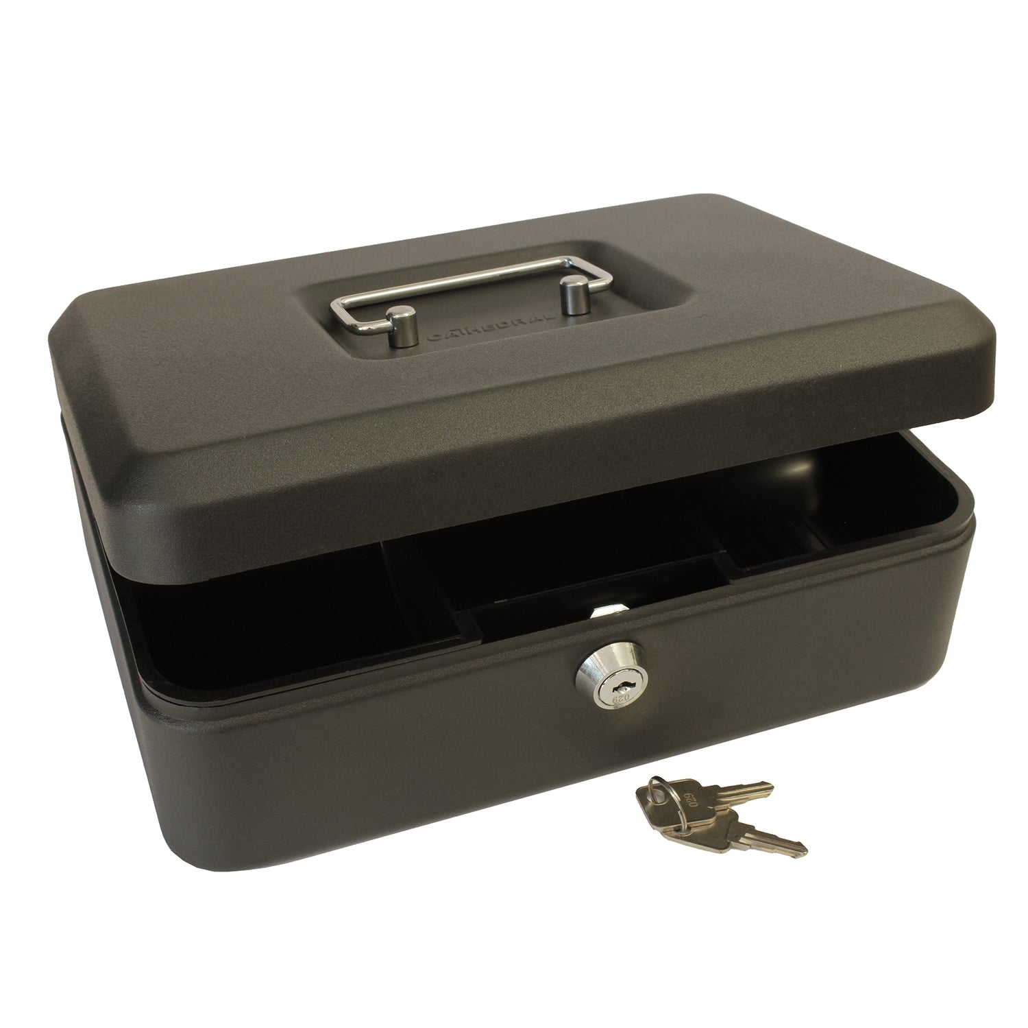 A partially open matte black 10-inch key lockable cash box. The box features a sturdy metal handle and a secure lock at the front for safekeeping of cash and coins. A set of 2 keys on a ring is shown sitting in front of the cash box.