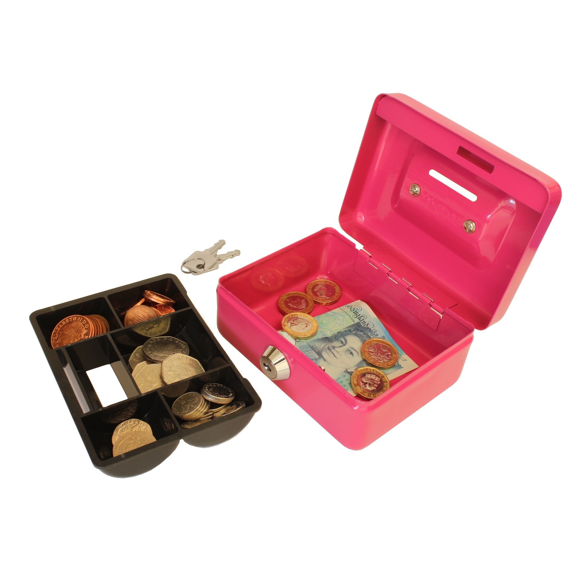 An open, bright pink, 4-inch key lockable cash box with a coin slot in the lid and a removable 5-compartment coin tray, displaying an assortment of coins and banknotes. Two keys are placed beside the box, indicating its secure lock mechanism.