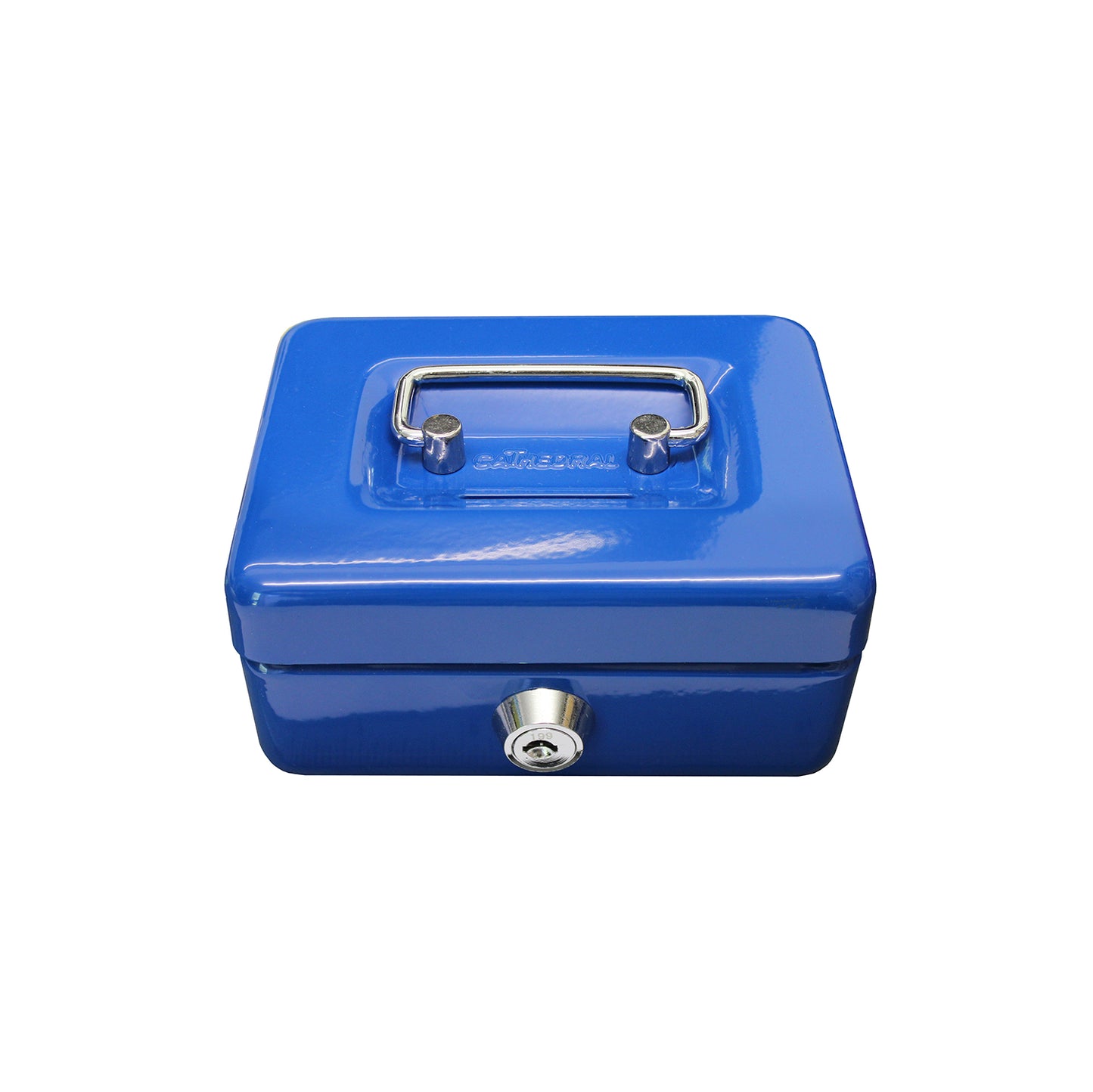 A closed bright blue 4-inch key lockable cash box with a coin slot in the lid. The box features a sturdy metal handle and a secure lock at the front for safekeeping of cash and coins.