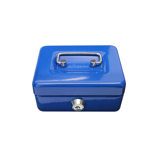 A closed bright blue 4-inch key lockable cash box with a coin slot in the lid. The box features a sturdy metal handle and a secure lock at the front for safekeeping of cash and coins.