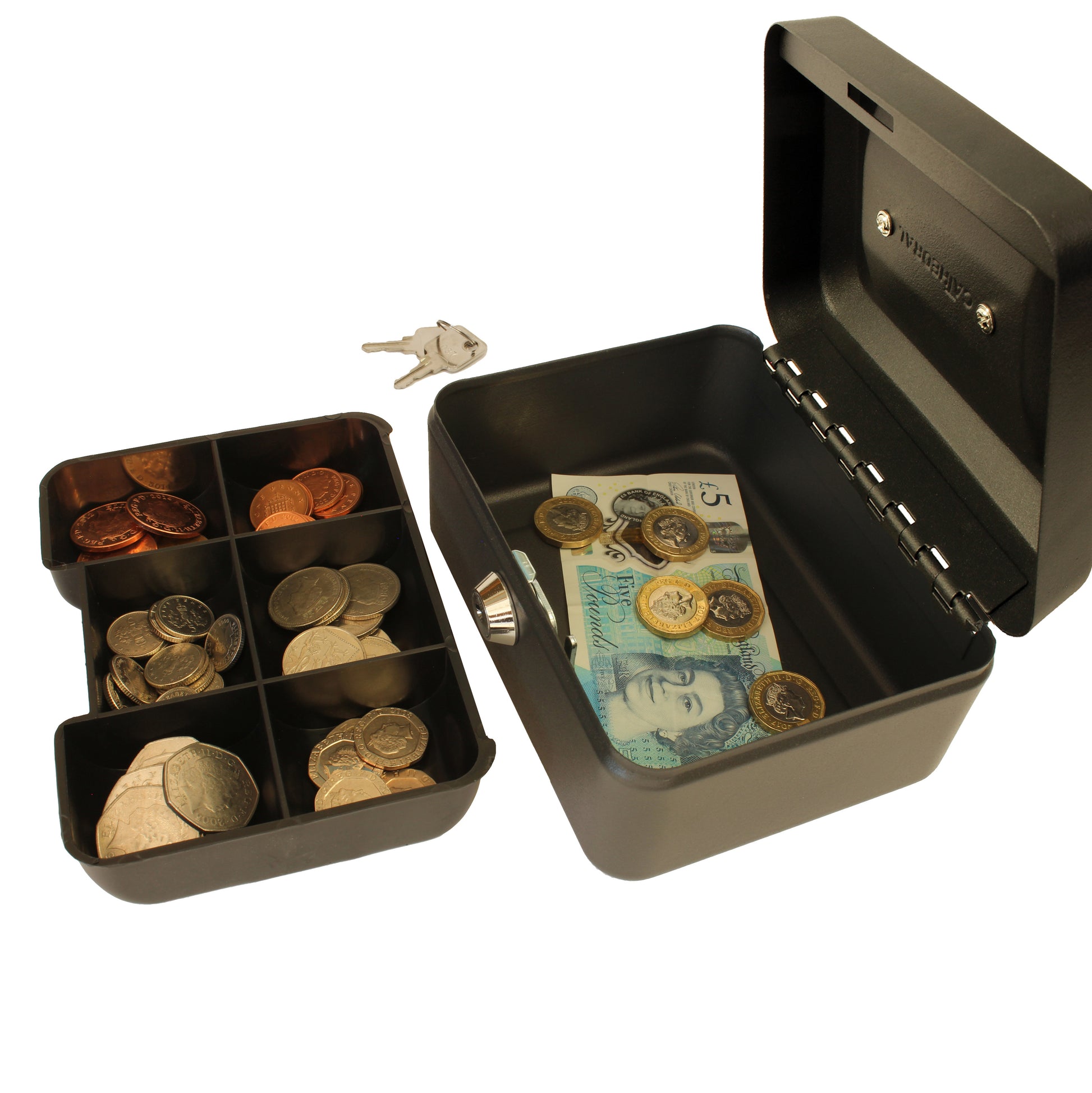 An open, matte black, 6-inch key lockable cash box with a removable 6-compartment coin tray, displaying an assortment of coins and banknotes. Two keys are placed beside the box, indicating its secure lock mechanism.