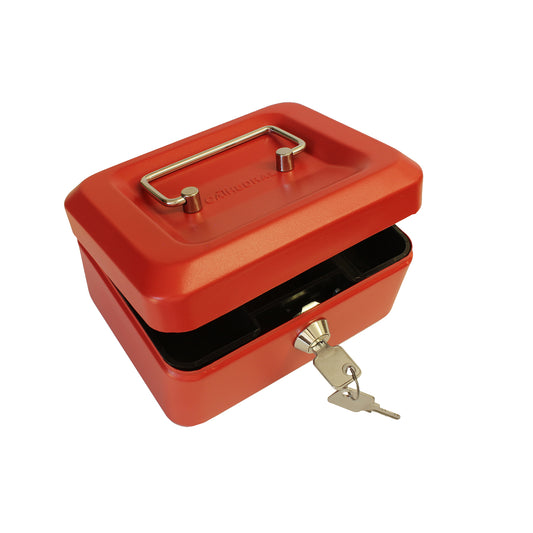 A partially open matte red 6-inch key lockable cash box. The box features a sturdy metal handle and a secure lock at the front for safekeeping of cash and coins. A set of 2 keys on a ring is shown inserted into the lock on the front of the cash box.