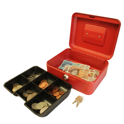 An open, matte red, 8-inch key lockable cash box with a removable 6-compartment coin tray, displaying an assortment of coins and banknotes. Two keys are placed beside the box, indicating its secure lock mechanism.