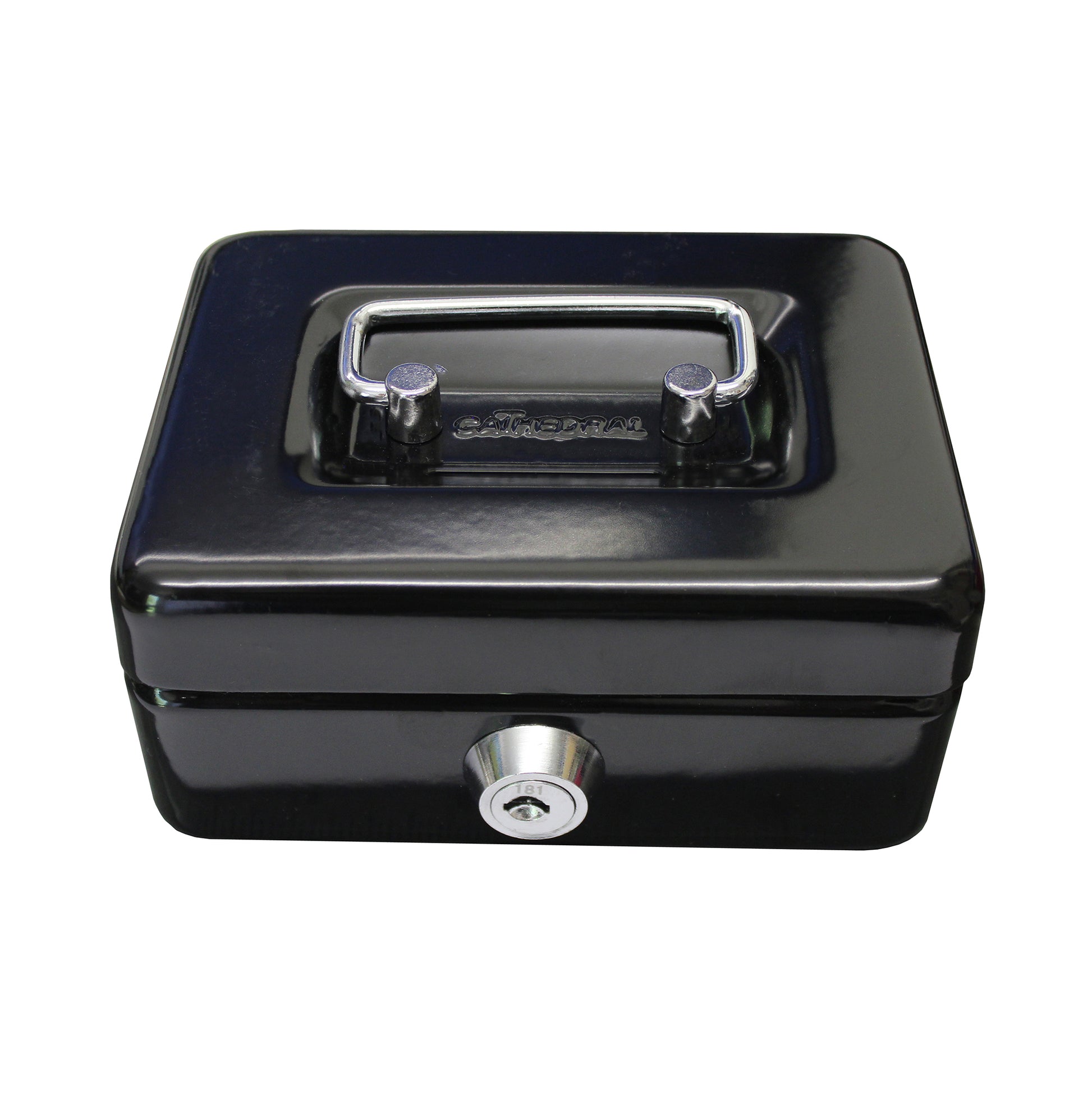 A closed gloss black 4-inch key lockable cash box with a coin slot in the lid. The box features a sturdy metal handle and a secure lock at the front for safekeeping of cash and coins.