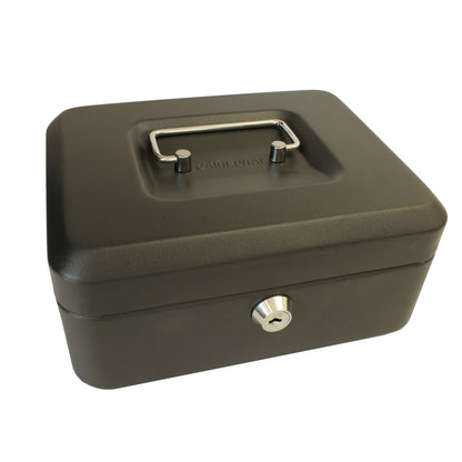 A closed matte black 8-inch key lockable cash box. The box features a sturdy metal handle and a secure lock at the front for safekeeping of cash and coins.
